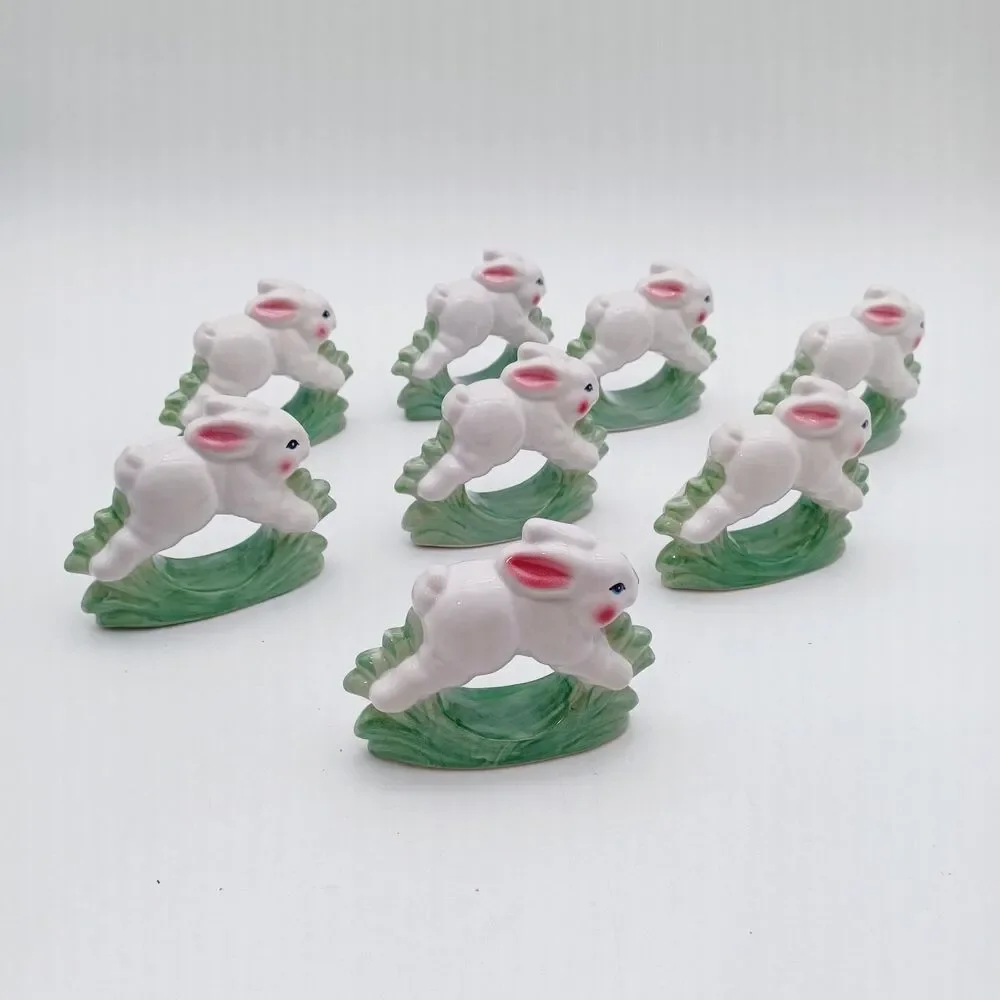Vtg Bunny Bunnies  Napkin Rings 8 PC Rabbit Ceramic 1998 Brinns Spring Cottage